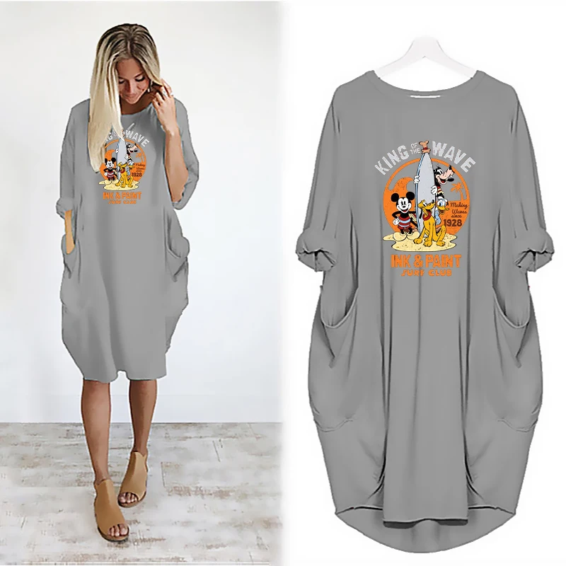 

Disney Autumn Midi Dress Mickey Mouse Cartoon Print Knee-Length Dresses Pockets Loose Casual Robes Female Soild O-Neck Vestidos