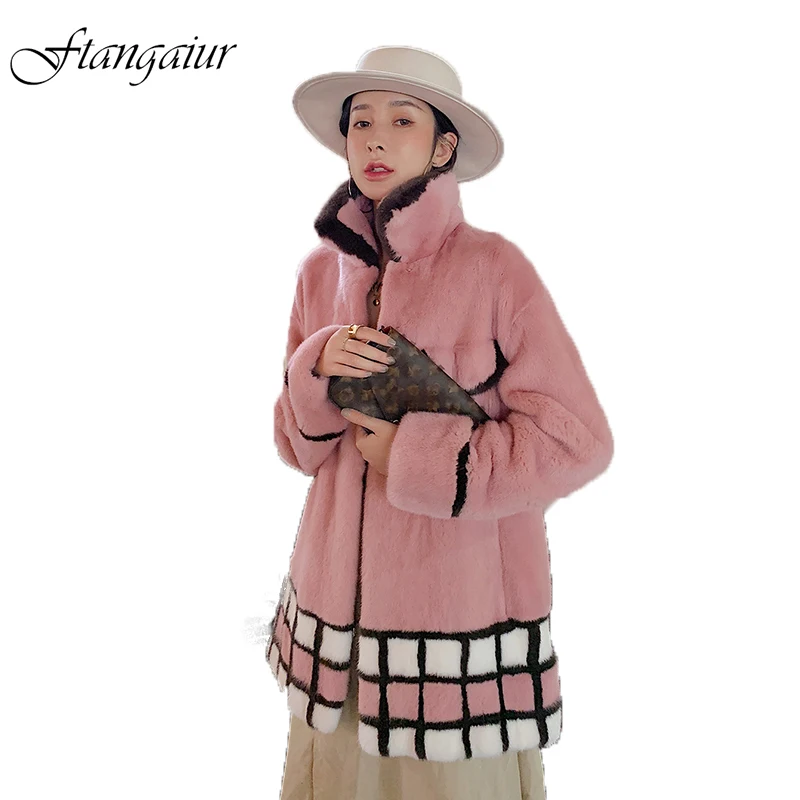 

Ftangaiur New Winter Imported Velvet Mink Fur Coat Patchwork lattice Loss Pockets Mink Coat Women Medium Real Mink Fur Coats