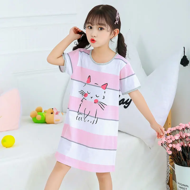 Cartoon Cat Pijamas Nightdress 100% Cotton Girls Night Dress Children's Pajamas Sleepwear Dresses Summer Short Sleeves Nightgown