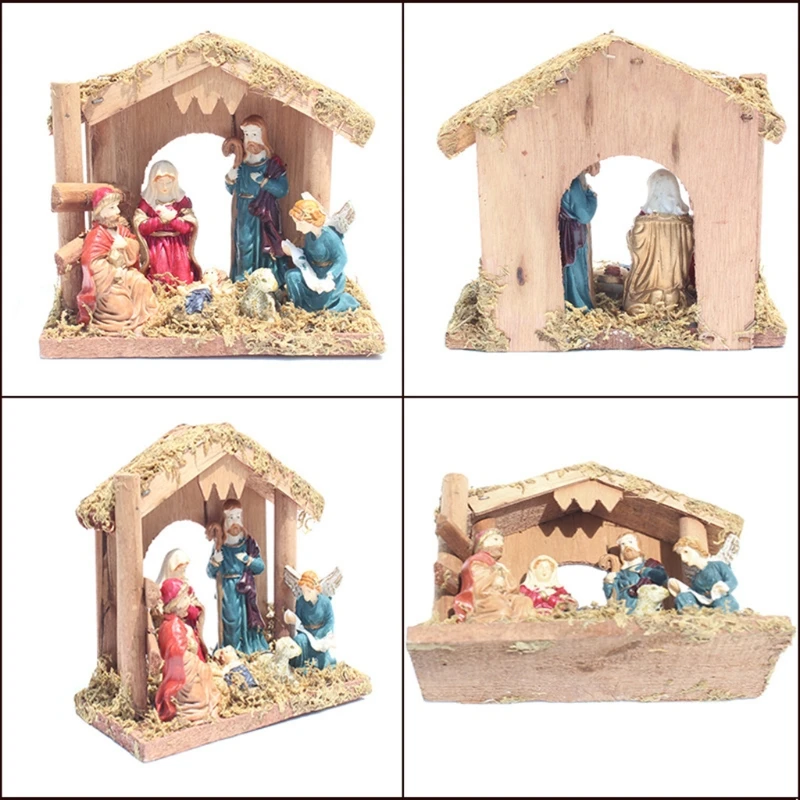 

Nativity Scene Statue Figurine with Moss House Christmas Gift Resin Sculpture H056