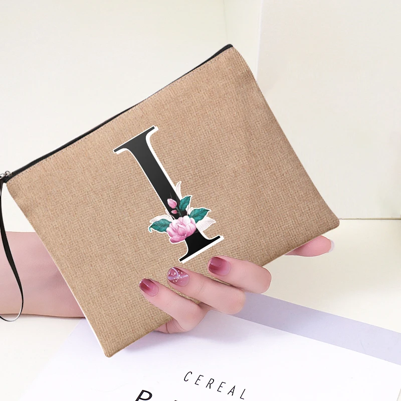 

Black Letters Print Ladies Zipper Linen Canvas Make Up Bag Travel Small Cosmetic Bag Makeup Female Student Pencil Case