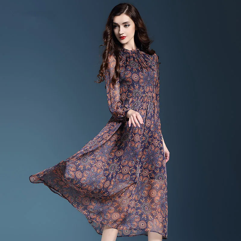Элегантное женское платье с цветочным принтом и длинным рукавом летнее 2020
