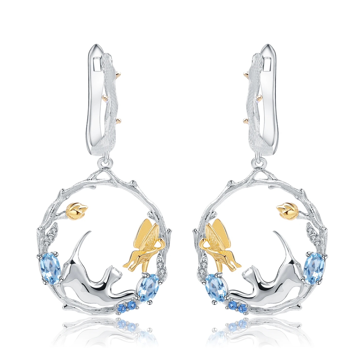 Серьги подвески женские из серебра 925 пробы с натуральным швейцарским голубым