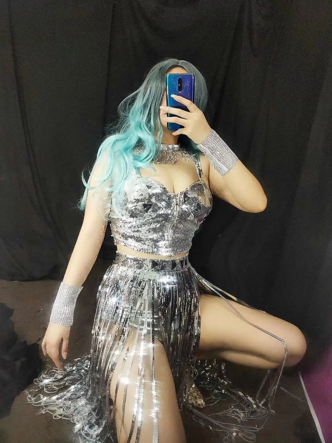 Женский комплект бикини с серебряными блестками и кисточками танцевальный