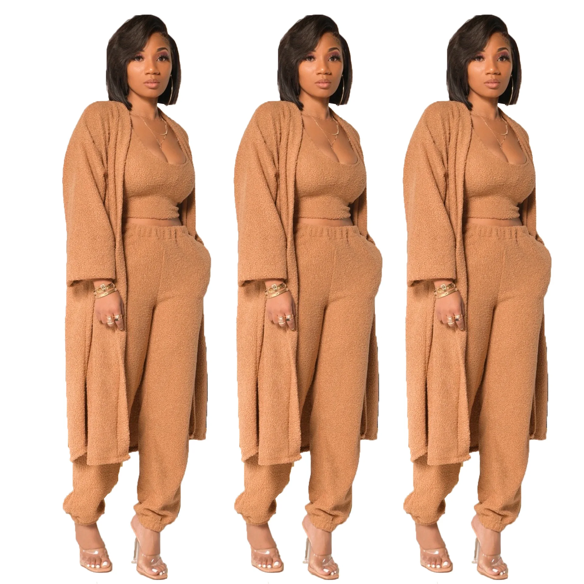 

2020 Winter Keep Warm Women Solid Three-Piece Set Coral Velvet Tank Tops High Waist Sweatpants Long Sleeve Midi Cardigan Outfits