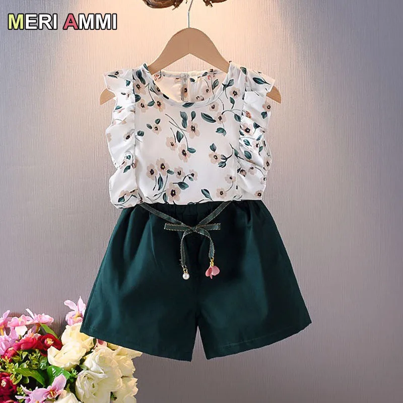 

MERI AMMI For 1-7 Year Baby Girl 2 pcs Clothing Set Infant Toddler Kids Girl Summer Outfit Floral Tee +Shorts Outwear