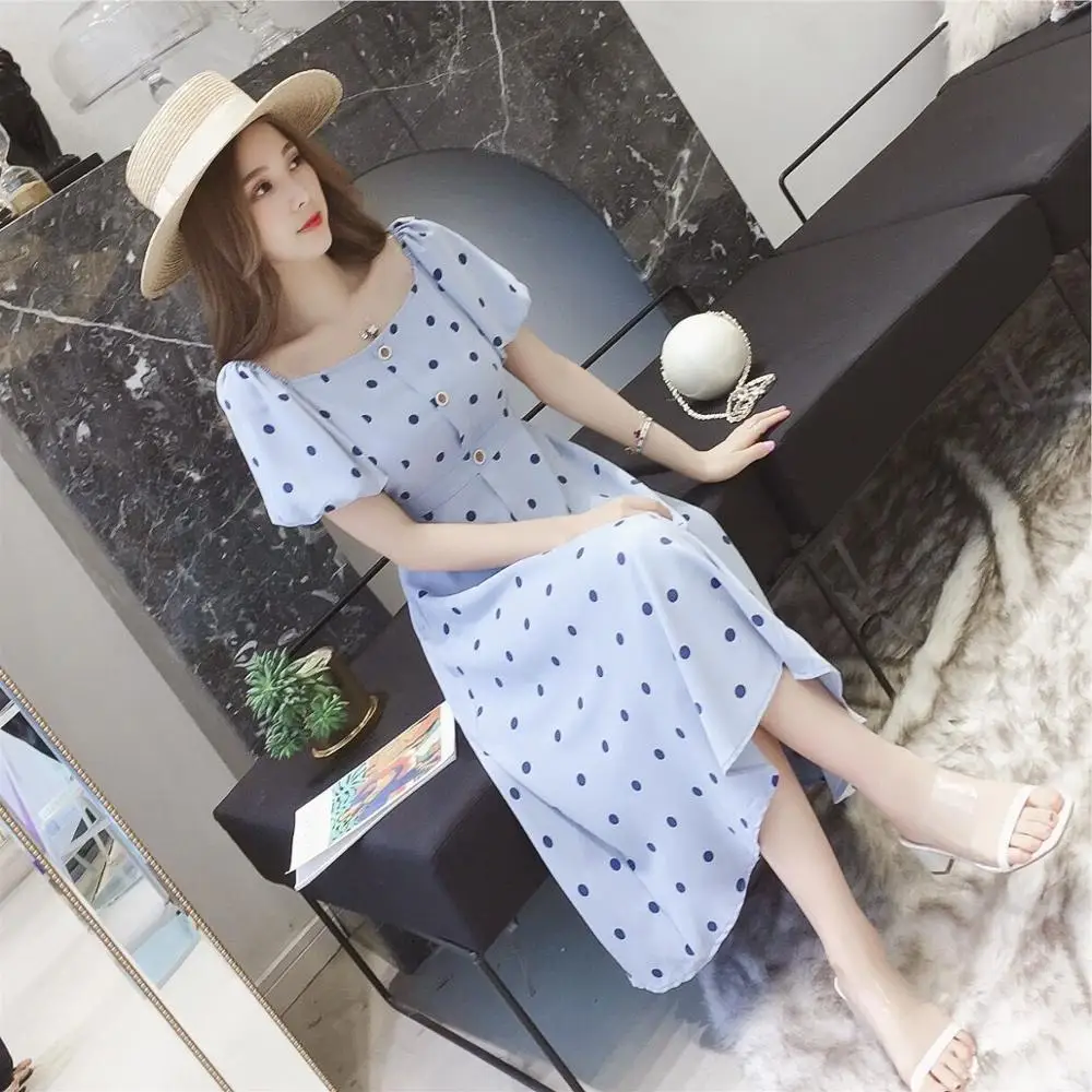 E35-684 Blue Летнее женское платье, новинка, корейское, свежее, милое, французское, волнистое, шифоновое платье, Пляжное, праздничное, повседневное, элегантное, женское, миди платье - Цвет: E35-684 Blue