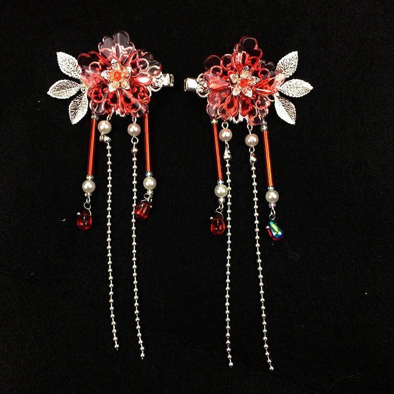 

Antique Hanfu Red Flower Hairpin Long Tassel Hair Clip Girl Traditional Girl Women Headdress Handmade