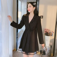 suit long sleeved spring black temperament fried street net yarn fight reception waist was thin and jumpsuit black dress