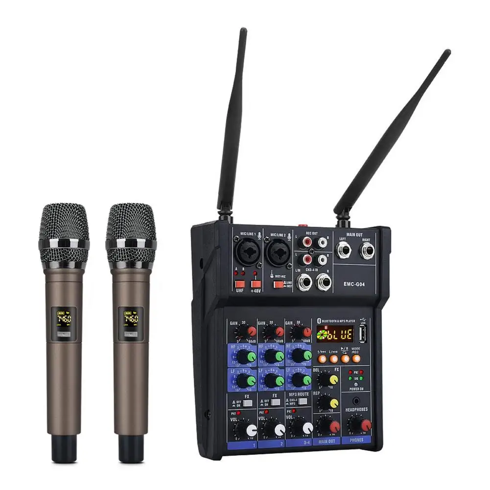 

4-канальный мини-аудиомикшер поставляется с 2 беспроводными микрофонами, эргономичная консоль BT USB для DJ, караоке, стерео микшер аудиомикшер