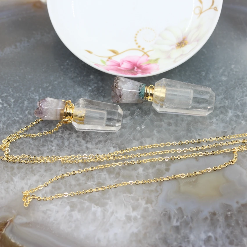 

Natural White Quartz Perfume Bottle Essential Oil Diffuser Vial gold Chain Pendants,Faceted Crystal Necklace Charms Jewelry