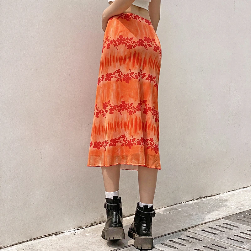 

Orange Floral Long Skirts y2k Summer Skirts Frill Sweet Cute Mid-Calf Skirts Women Beach Style Fashion Skirts Bottom