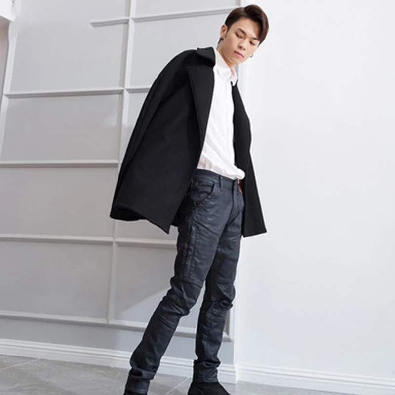 

M-4XL Winter Lapel Tide Men's Men's Coat Cloak Cape Long Woolen Student Windbreaker Woolen Cape Coat Loose Coat Winter Coat