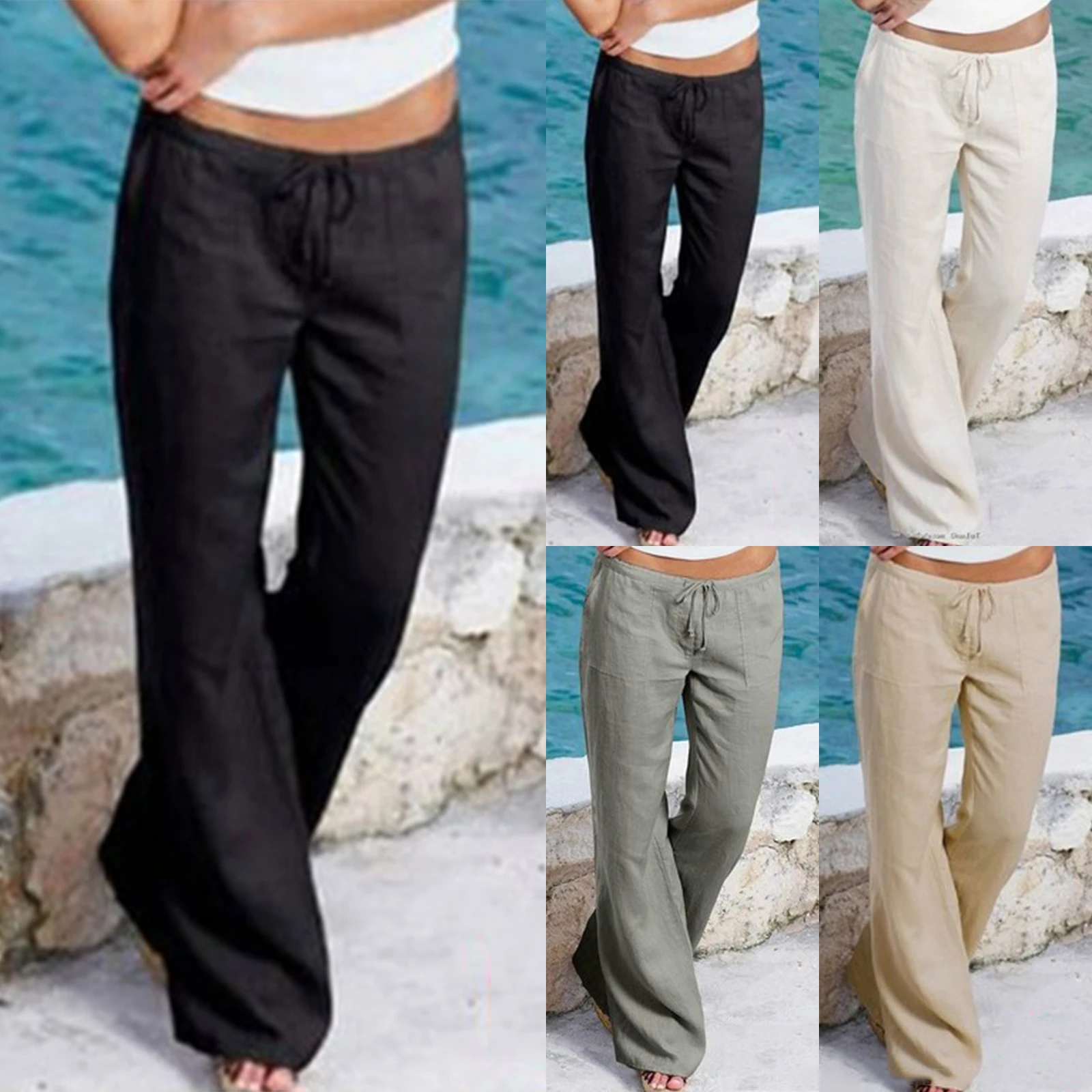 

Womens Long Pants Solid Color Lace Up Mid Waist Flare Hem Trousers Spring Autumn Casual Loose Ladies Sweatpants