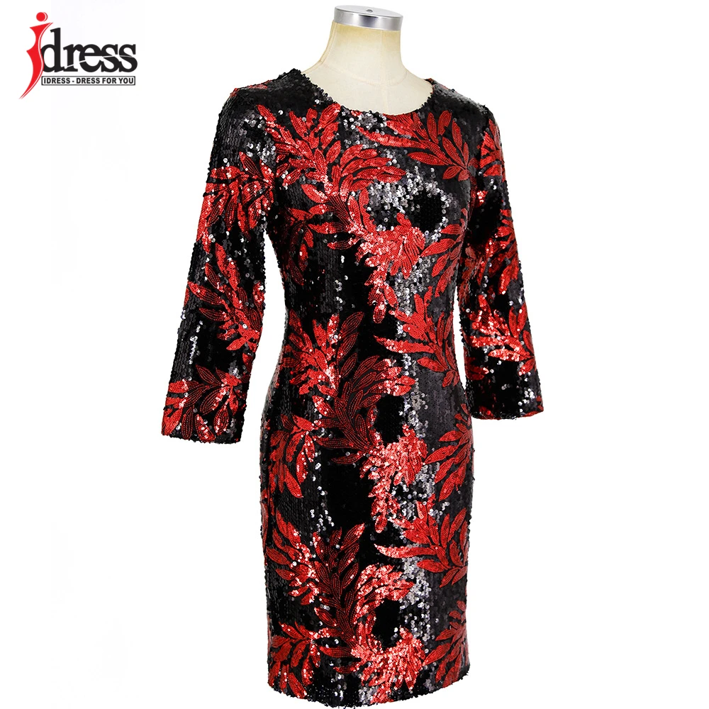 IDress/Модная одежда; ; облегающее платье до колена с длинными рукавами и круглым вырезом; вечерние Клубные платья с пайетками в стиле пэчворк с зелеными листьями