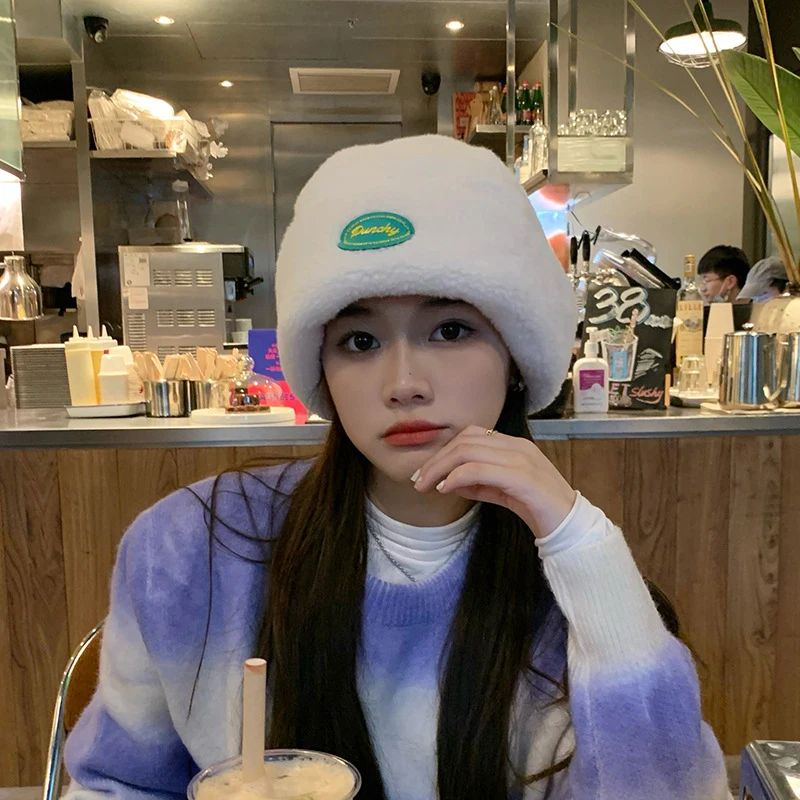 

New Autumn and Winter Lamb Wool Hat Women Winter Patch Warm Pot Hat Thick Cute Melon Leather Hat