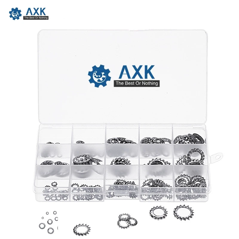 

AXK нержавеющая сталь от M3 до M12 внешняя внутренняя зубная шайба многозубчатые стопорные шайбы в ассортименте с пластиковым чехлом