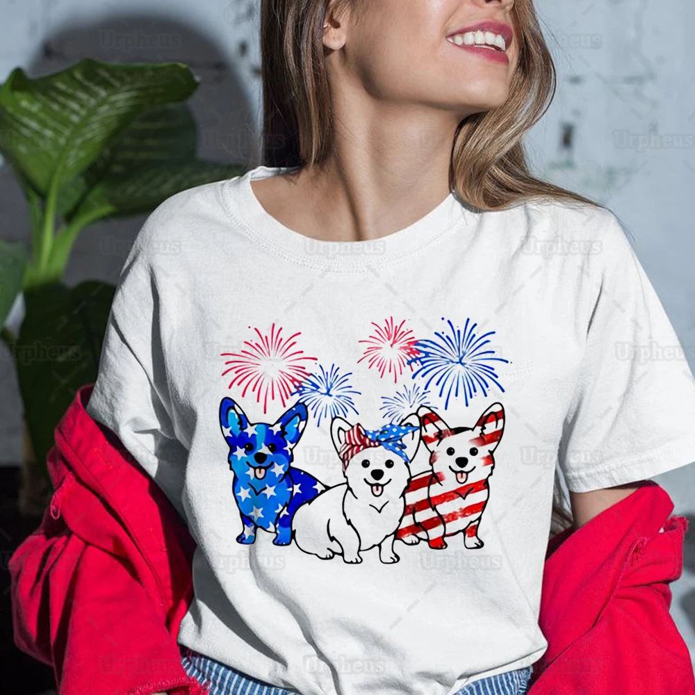 

100% Cotton 4th of July Tshirt Three Corgi Amerian Flag Shirt Harajuku Style 4th of July Summer Short Sleeve