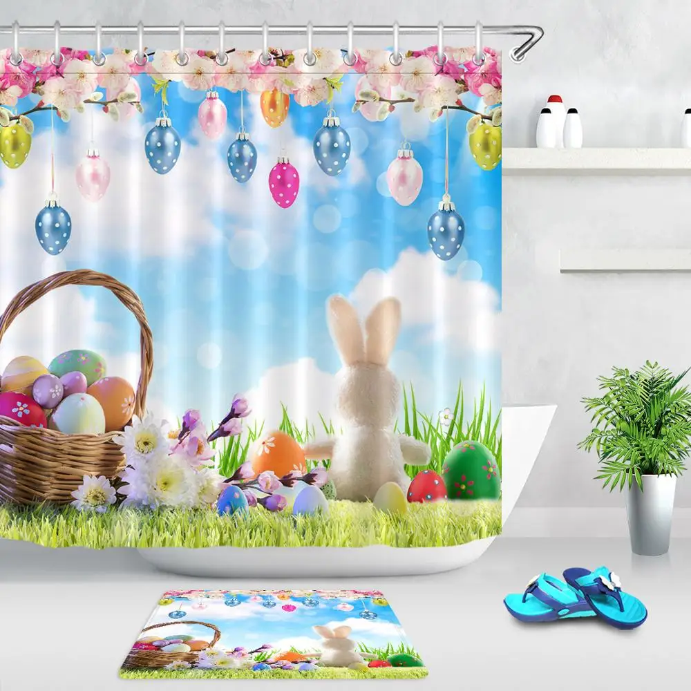 Полиэстеровая занавеска для душа с пасхальными яйцами Банни весенний пейзаж
