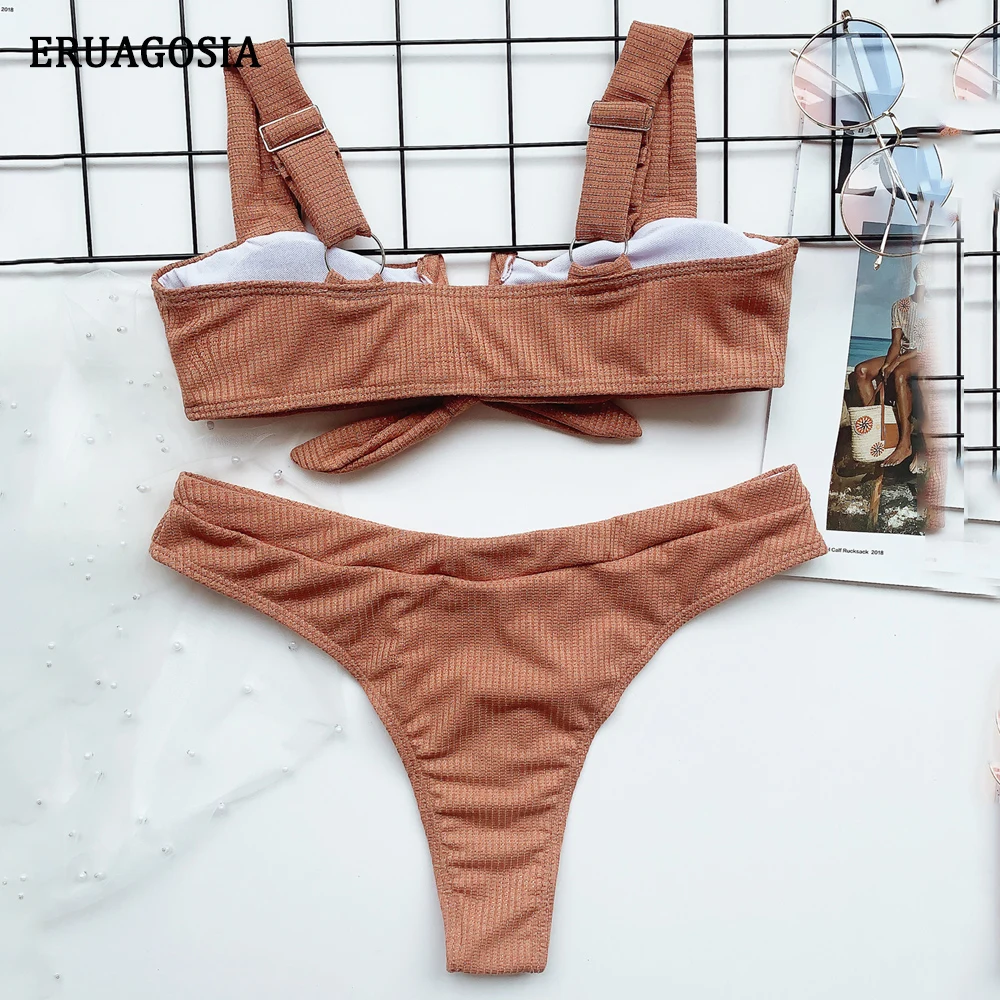 

Sexy Bikini Women Swimsuit Push Up Swimwear V Neck Ribbed Bikini Set Solid Bather Swimming Suit Beachwear Brazilian Biquini 2020