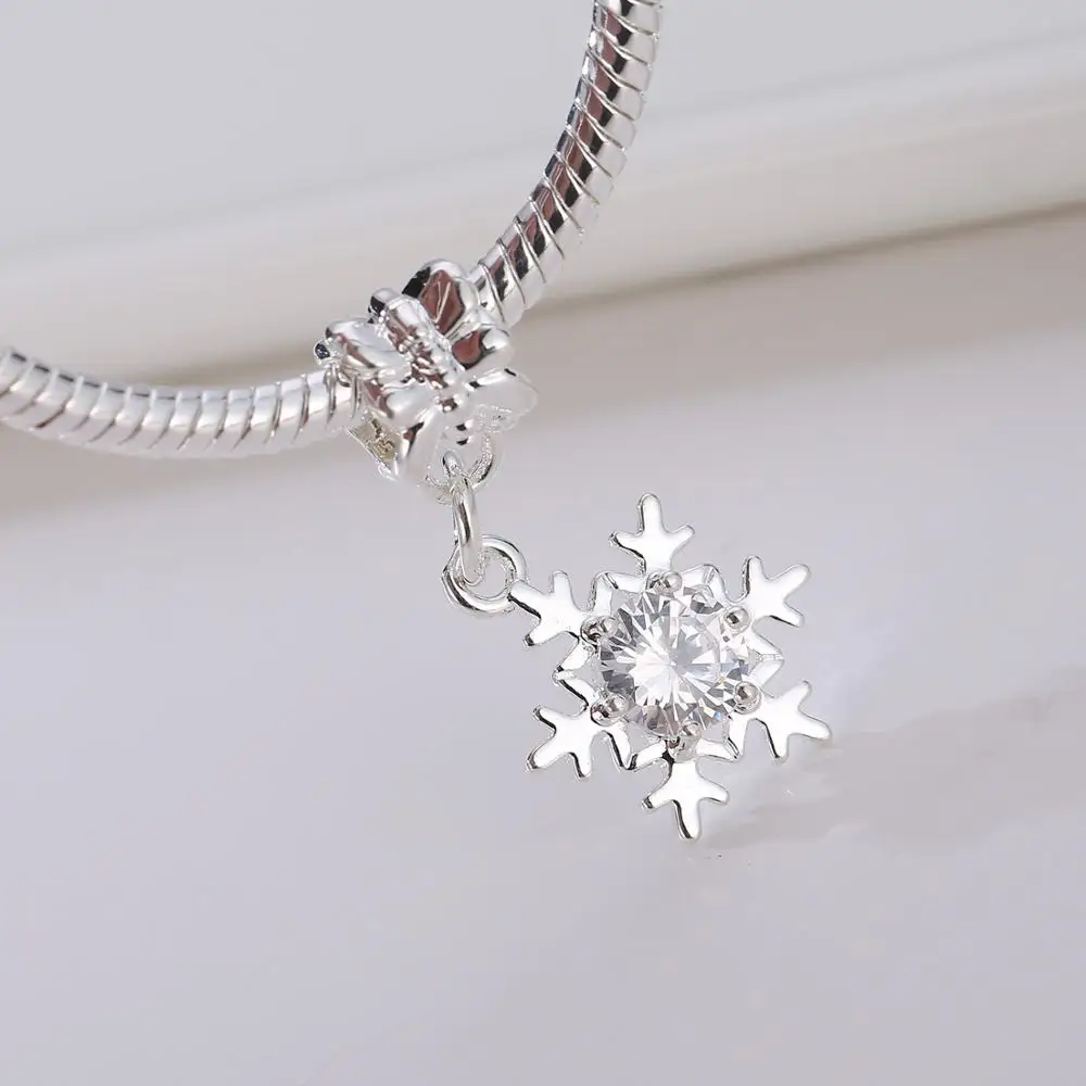 

Authentic 925 Sterling Silver Snowflake Dangle, Clear CZ Flower Charms Fit Pandora Bracelet DIY Fashion Jewelry