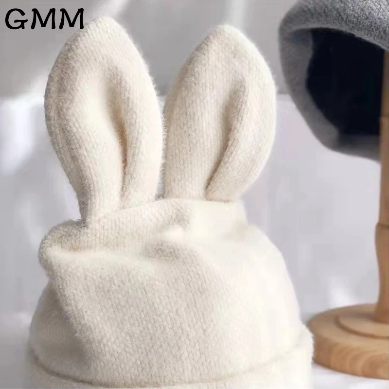 

Winter Women Draping Rabbit Ears Beanie Hat Solid Thick Lining Knitted Hats Warm Wool Skullies Beanies Autumn Winter Female Cap