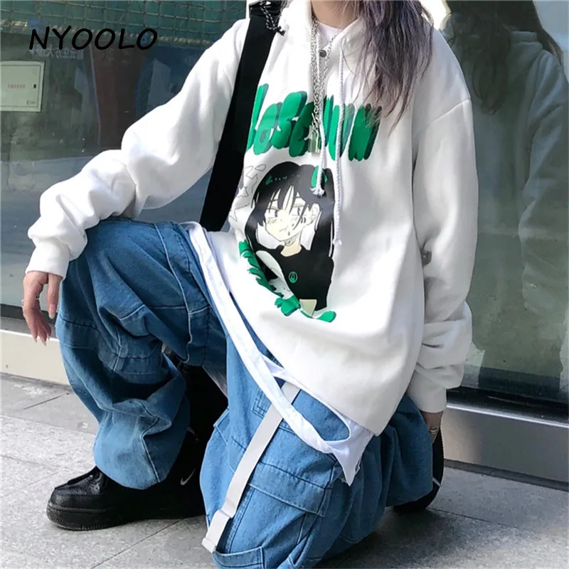 NYOOLO Harajuku стиль аниме девушка буквы печати Свободные теплые толстовки осень зима с капюшоном плюс бархат пуловер Толстовка для женщин мужчин