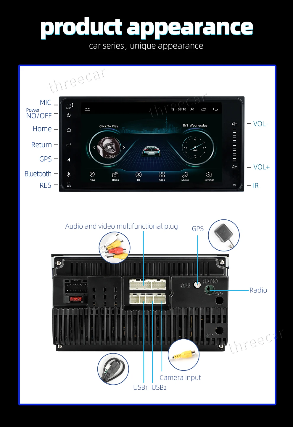 2 DIN Универсальный Android 8,0 автомобильный dvd-плеер с gps-навигация, радио, стерео для Toyota Corolla авто радио мультимедиа 1024*600
