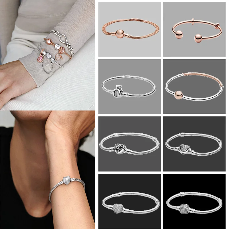 

925 Sterling Silver Charm Original Bracelet Rose Golden Pavé Heart Clasp Snake Chain Slider Bracelet Women Jewelry Gift