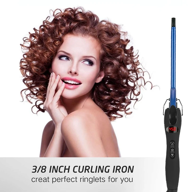 

9mm Thin Curling Iron Ceramic, Curling Iron, Suitable for Long and Short Hair, LCD Display Blue US Plug