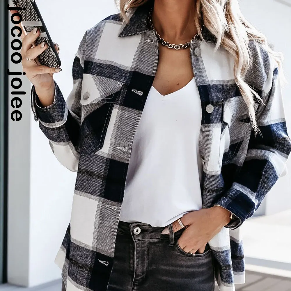 

New Women Plaid Jacket Turn Down Collar Long Sleeve Coat Causal Shirt Autumn Winter Cardigan Vintage Top Harajuku Warm Blouse
