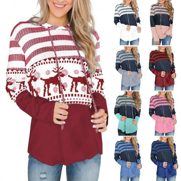

2021 Christmas Hoodie Women's Autumn New European Striped Reindeer Print Pullover Sweatshirt Oversized Hoodie Graphic Hoodies