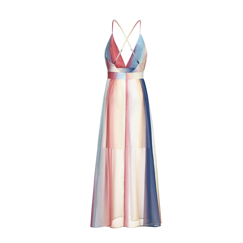 

Elegant Ladies Striped Party Dress Summer Sexy Backless Open Back Spaghetti Strap Bandage Dress Bohemian Maxi Chiffon Long Dress