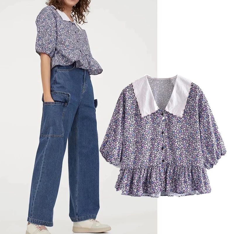 

WESAY JESI Summer Women's Blouse Retro Sweet And Fresh Flowers Floral Short-Sleeved Fashion High-And Square Collar Short-Sleeved