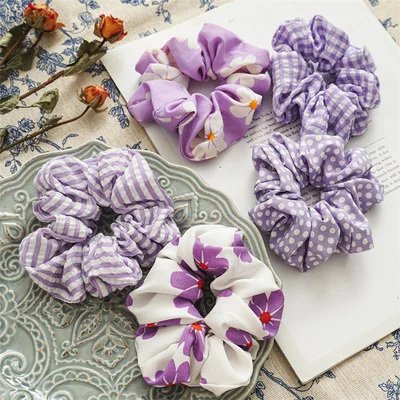 

Purple Series 2021 New Simple Striped Floral Large Intestine Ring Hair Ring Head Jewelry Fabric Hair Rope Hair Accessories