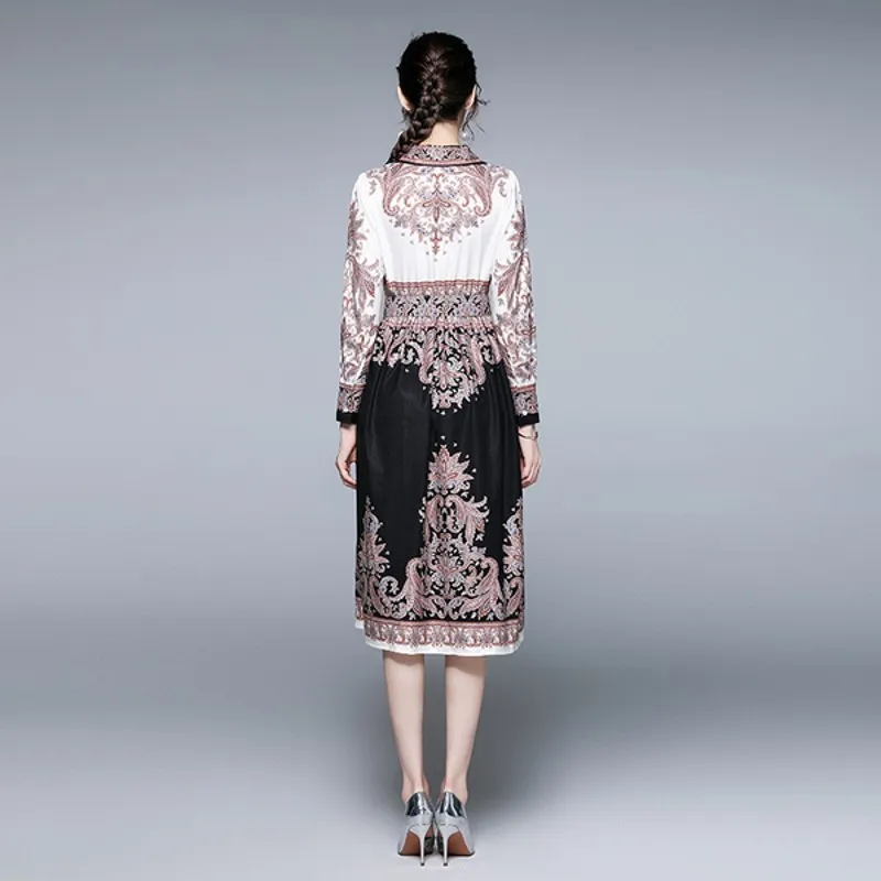 

2021 new spring women's fashion retro stand collar puff sleeve long dress single breasted floral print casual dress with belt