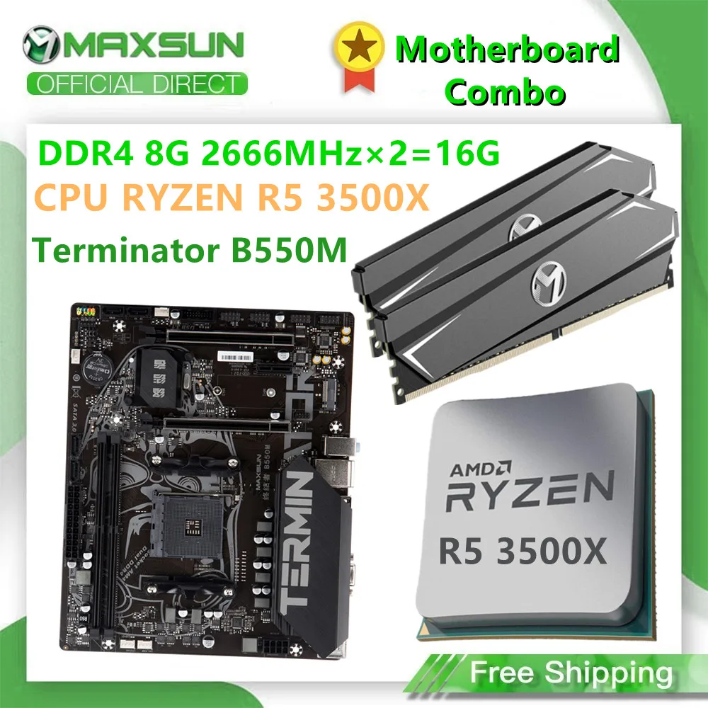 

MAXSUN Desktop Motherboard Combo Terminator B550M DDR4 8G 2666MHz×2=16G M.2 SATA SSD CPU R5 3500X New but without cooler