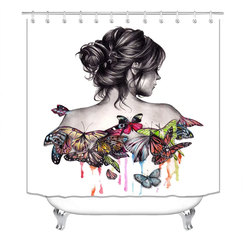 

Shower Curtains for Bathroom,Bedroom,Window, Decorations of Girls Back View,Butterfly,White Cloth