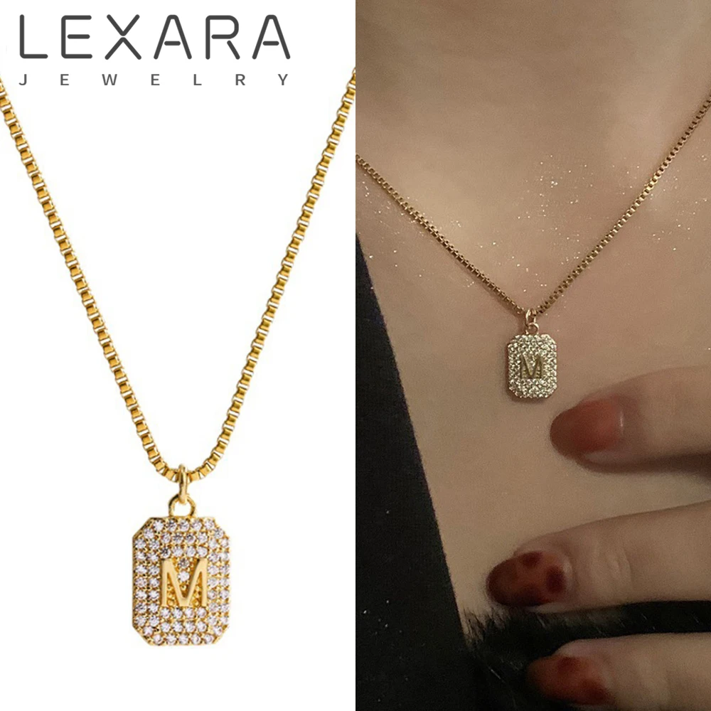 

LEXARA Luxury Micro Inlaid Zircon Letter Square Pendant Necklace Exquisite Clavicle Chain Korean Trendy Women Choker Hot Jewelry