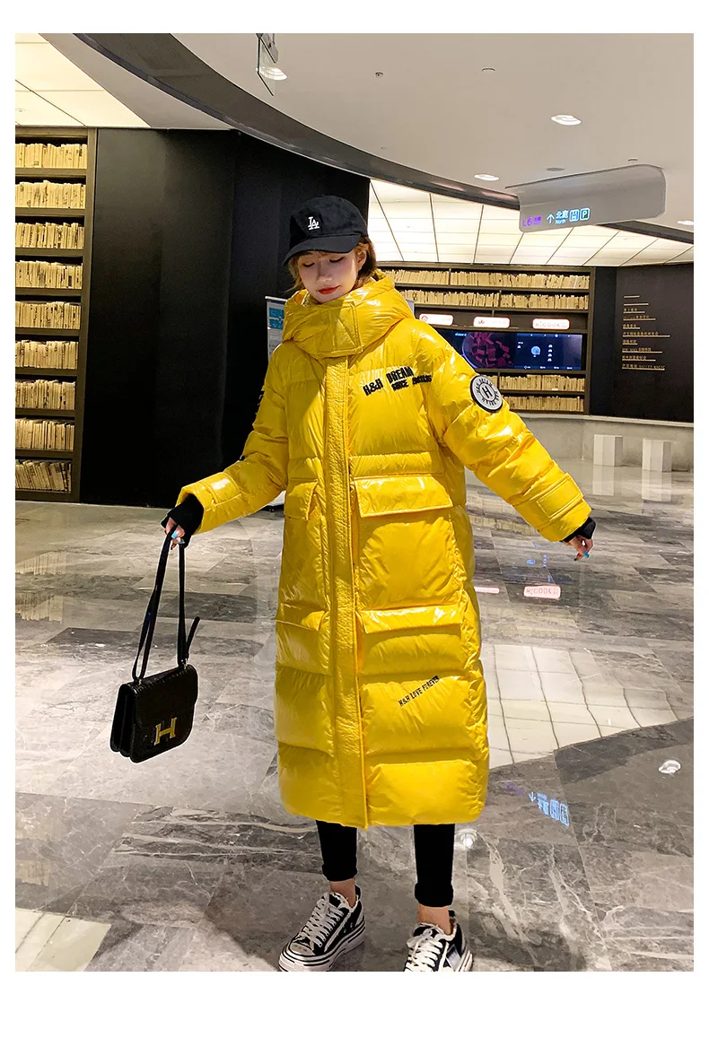 

Fashion Letter Bright Wadded Jackets Long Winter Jacket Thick Warm Winter Parkas Hooded Waterproof Winter Coat Women