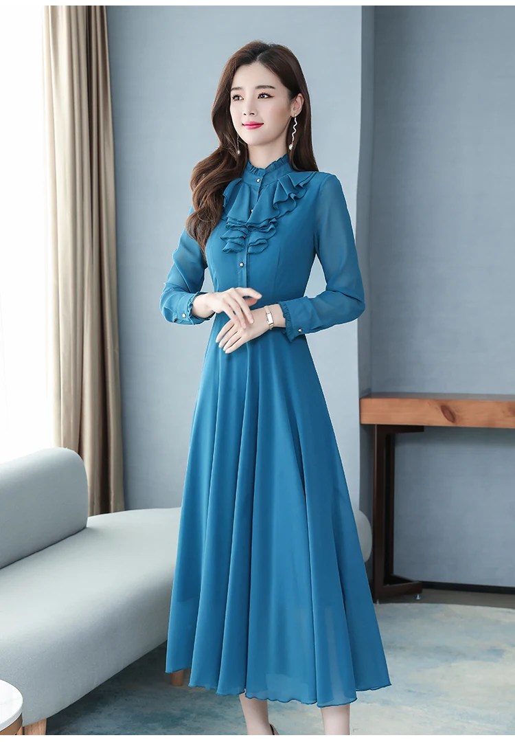 Винтажные однотонные шифоновые женские платья макси, Осень-зима, 3XL размера плюс, платье с длинным рукавом, элегантные женские облегающие вечерние платья