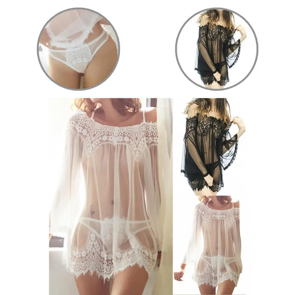 

Skin-friendly Flare Sleeve Lace Edge See-through Night Dress Pantie Set for Night