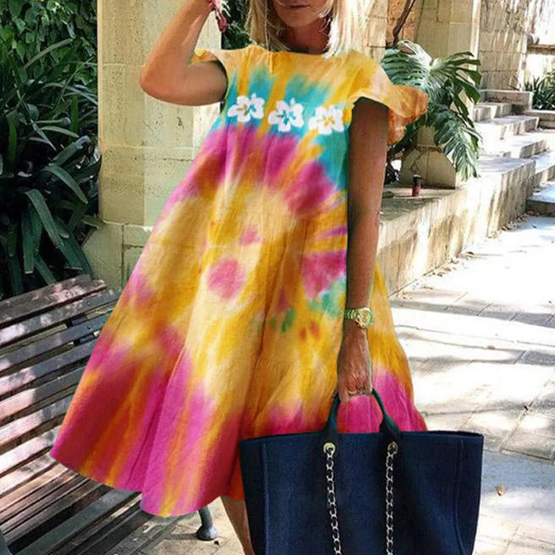 Повседневное свободное платье трапеция в стиле ретро с коротким рукавом и