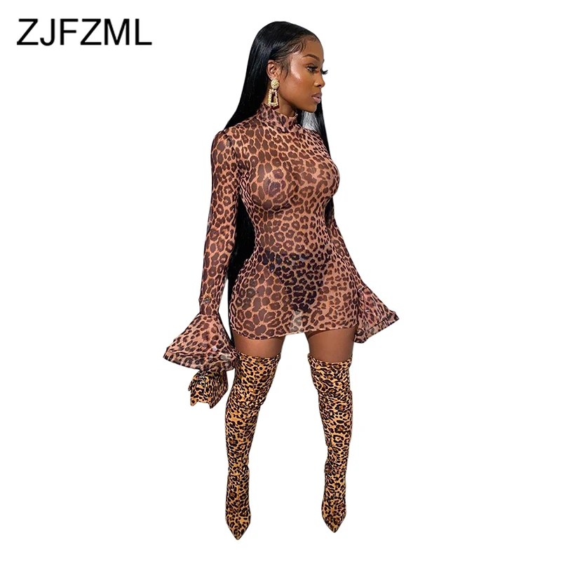 Женское леопардовое платье с высоким воротником длинным Расклешенным рукавом