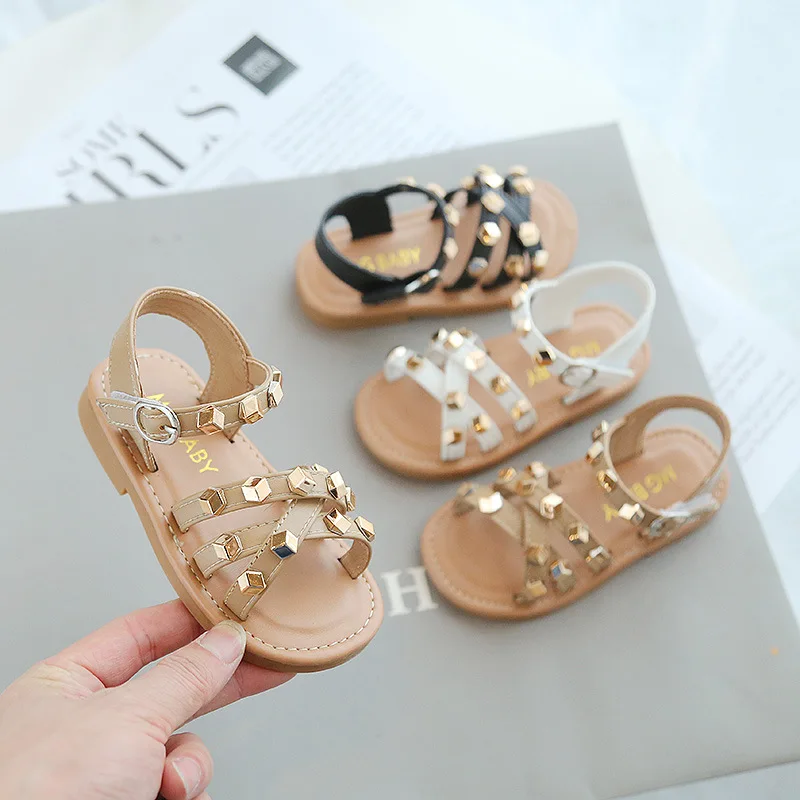 

Children Girls Sandals Princess Shoes Kids Baby Sandals Summer Child Soft-soled Flat-heel Beach Rivets Girls Shoes