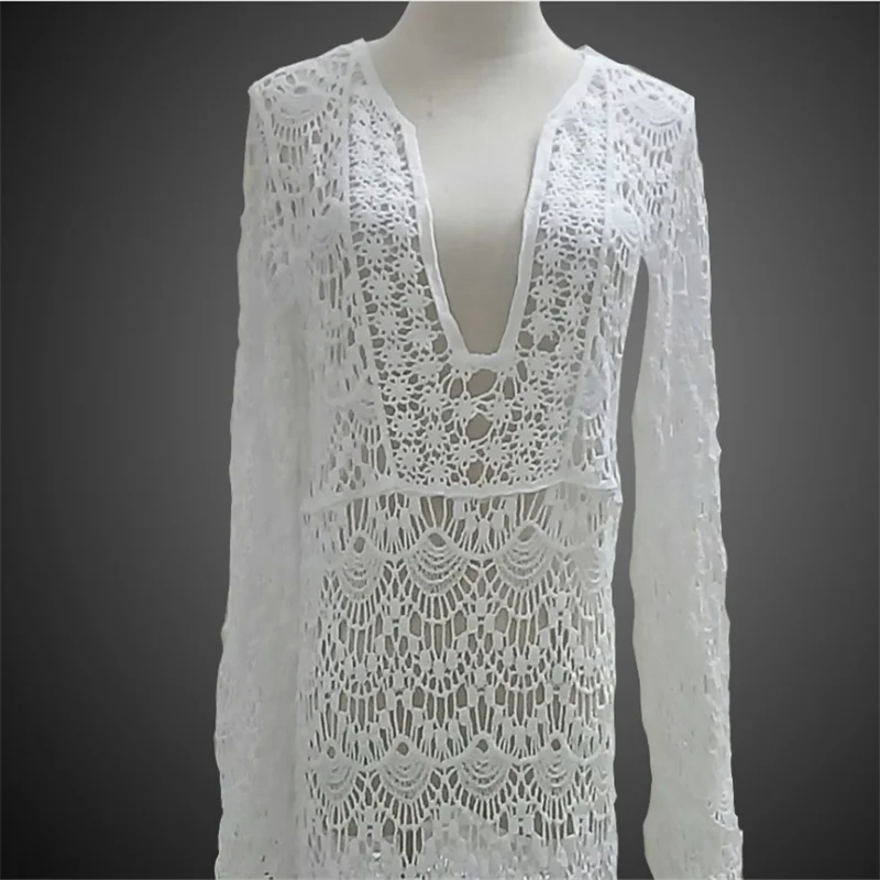 

Fashion Mesh Cover Up Beach Dress Sexy Long Sleeve Dresses Lace Sun Protection New Female Skirt Quick Dry Beach Blouse Beachwear