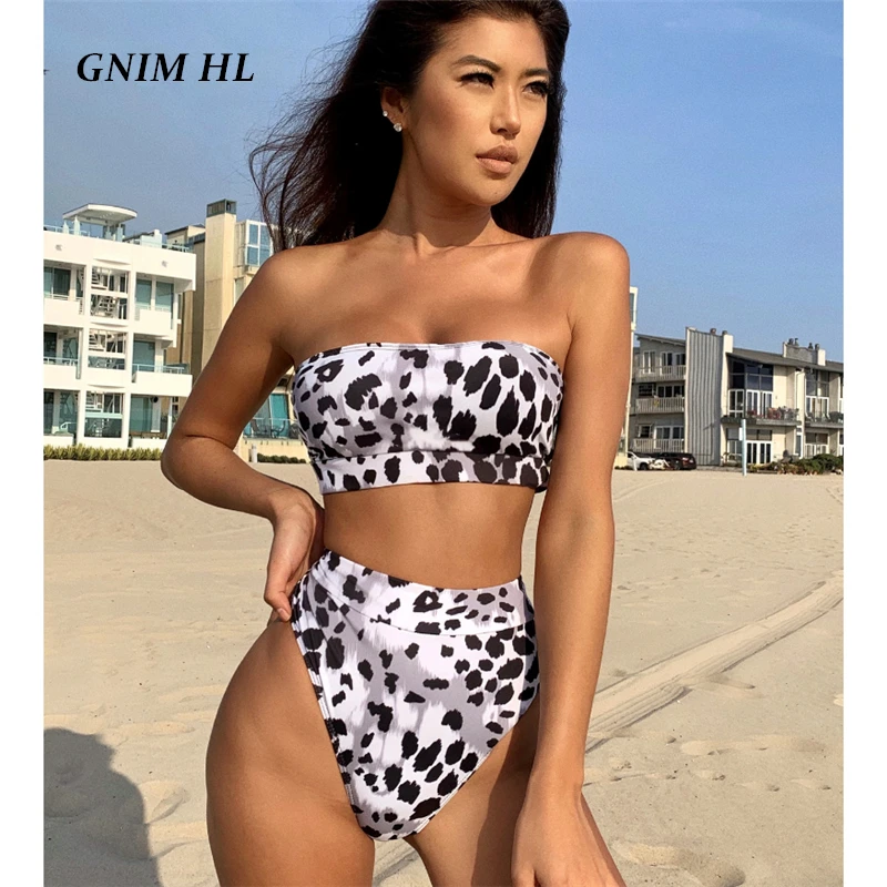 

GNIM High Waist Sexy Bandeau Swimwear Women Push Up 2 Pieces Leopard Print Bikini Set 2021 Summer Beach Wear Bather Suit Biquini