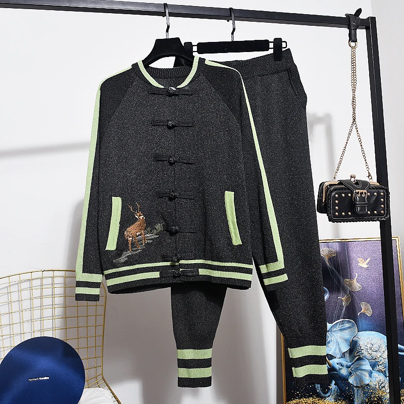 

2020 Autumn New Women Fashion Embroidery Plate Buckle knitted Cardigan Sweater + Casual Pants Two Piece Set Women Knit Suit H691