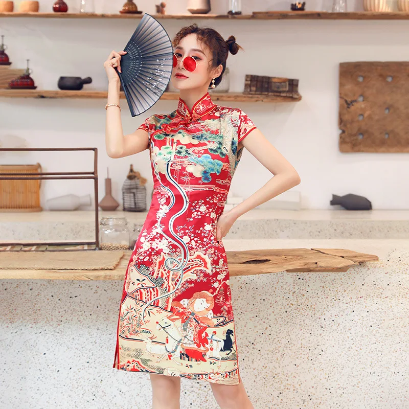 

Oriental Women Traditional Chinese Style Retro Slim Cheongsam Harajuku Print Party Wedding Dress Cosplay Qipao Hanfu Tang Suit