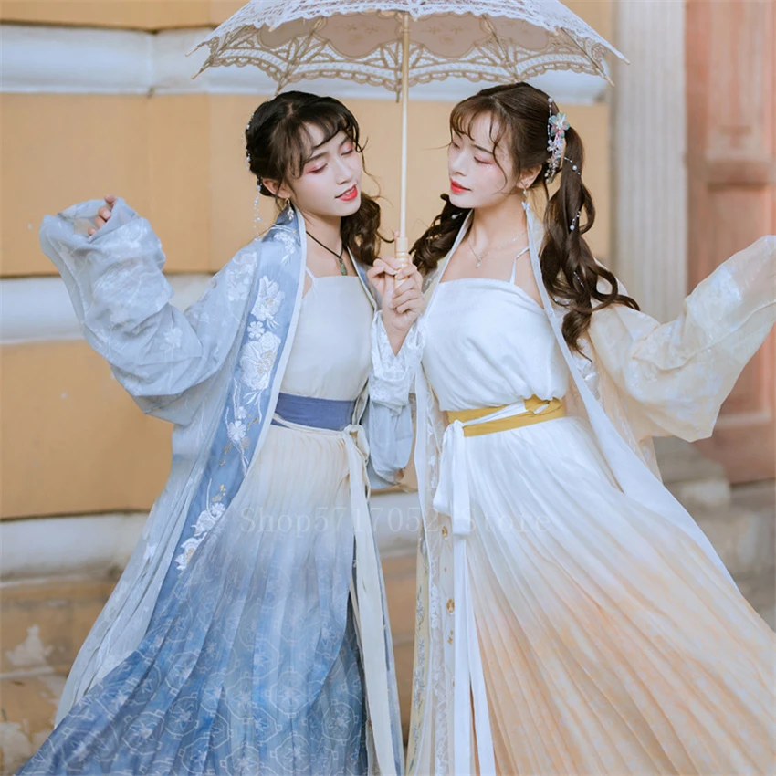 

Китайская азиатская традиционная уличная одежда принцессы, летняя сказочная Повседневная плиссированная юбка с градиентом, кардиган с выш...